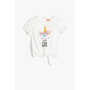 Koton Baby Girl Ecru Cotton Waist Tie Printed T-shirt