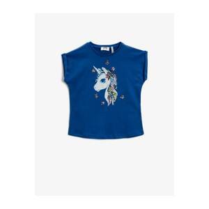 Koton Girl Blue Unicorn Crew Neck Cotton T-Shirt
