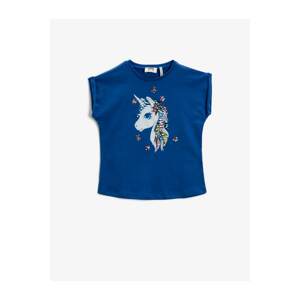 Koton Girl Blue Unicorn Crew Neck Cotton T-Shirt