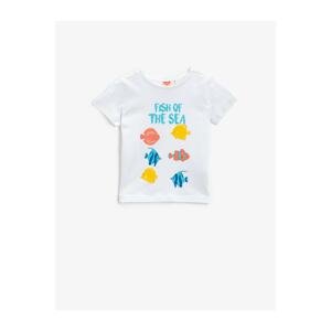 Koton Baby Boy White Printed Short Sleeve Crew Neck Cotton T-shirt