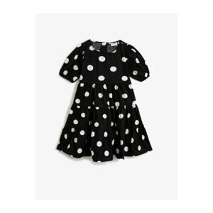 Koton Girl's Black Cotton Polka Dot Short Sleeve Crew Neck Dress