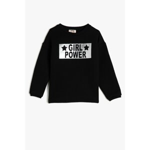 Koton Girl's Crew Neck Long Sleeve Black Sweatshirt with Slogan