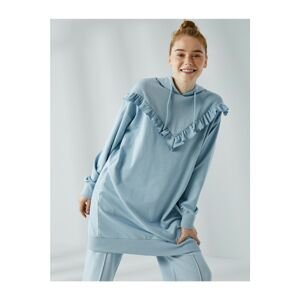 Koton Women's Blue Hooded Ruffle Long Cotton Sweatshirt