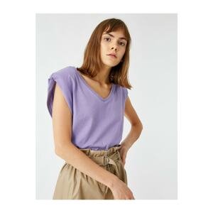 Koton Women's Purple Cotton Padded V-Neck T-shirt