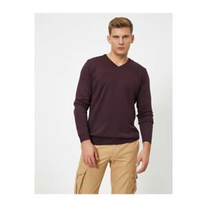 Koton Men's Purple V-Neck Long Sleeve Knitwear Sweater