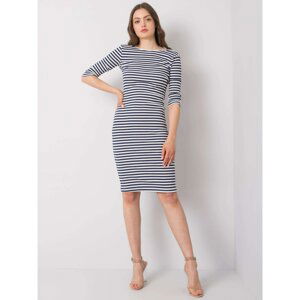 Ecru-navy blue casual dress by Michelle RUE PARIS