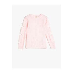 Koton Girl's Pink Crew Neck Cut-Off Sleeve Detailed Long Sleeve Knitwear Sweater