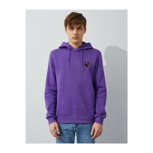 Koton Men's Purple Embroidered Hooded Basic Long Sleeve Sweatshirt