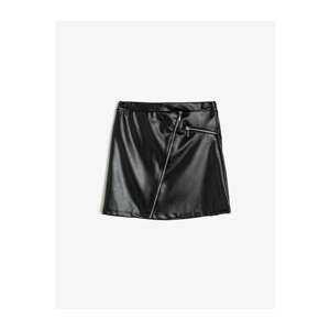 Koton Girl Black Faux Leather Front Asymmetrical Zippered Elastic Waist Short Skirt