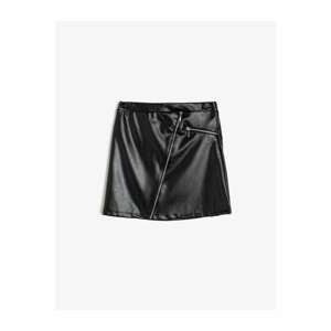 Koton Girl Black Faux Leather Front Asymmetrical Zippered Elastic Waist Short Skirt