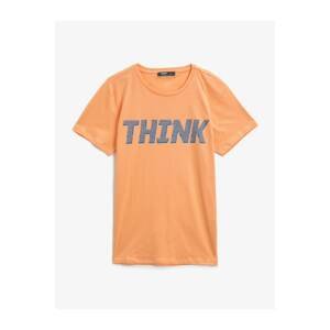 Koton Men's Orange Text Printed Short Sleeve Cotton T-Shirt