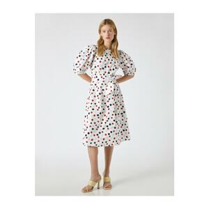 Koton Women's White Polka Dot Waist Tie Crew Neck Cotton Balloon Sleeve Dress