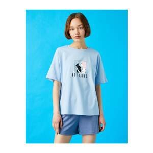 Koton Women's Blue Printed T-Shirt Cotton