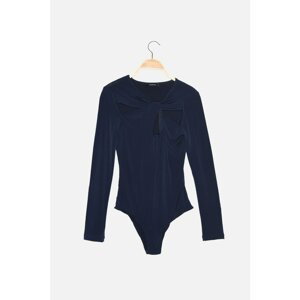 Trendyol Navy Blue Cut Out and Gathered Detail Fitted/Fitted Elastic Snaps Knitted Bodysuit