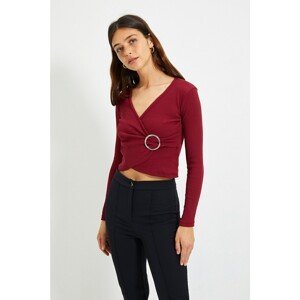 Trendyol Burgundy Buckle Detailed Double Breasted Crop Knitted Blouse