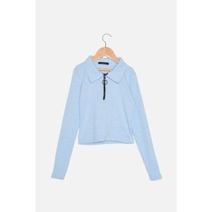 Trendyol Light Blue Zipper Detailed Crop Knitted Blouse