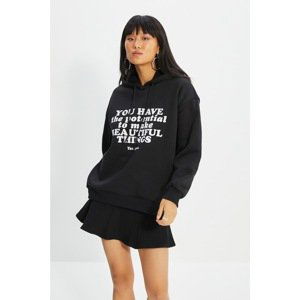 Trendyol Black Printed Hooded Knit Raised Sweatshirt