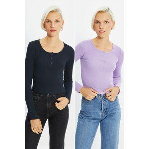 Trendyol Navy Blue-Lilac Snap Detailed Knitted Blouse