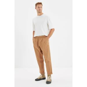 Trendyol Camel Men Regular Fit Pleated Belt Rolled Hem Trousers