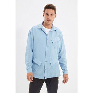 Trendyol Blue Men's Oversize Shirt Collar Asymmetrical Pocket Textured Shirt
