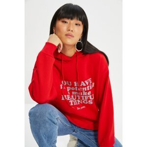Trendyol Red Printed Hooded Loose Pattern Knit Raised Sweatshirt