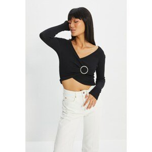 Trendyol Black Buckle Detailed Double Breasted Crop Knitted Blouse