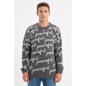 Trendyol Gray Men's Crew Neck Oversize Letter Detailed Sweater