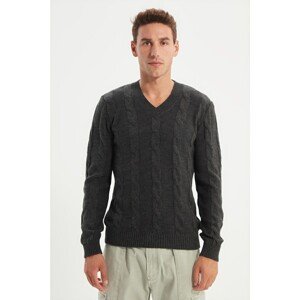 Trendyol Anthracite Men's Slim Fit V-Neck Knitted Detailed Sweater