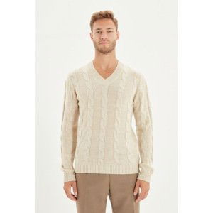 Trendyol Beige Men's Slim Fit V-Neck Knitted Detailed Sweater