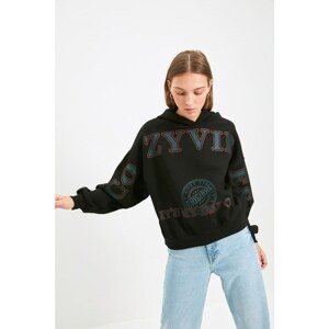Trendyol Black Hoodie Printed Knitted Sweatshirt