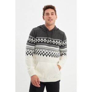 Trendyol Anthracite Men's Slim Fit Hooded Jacquard Paneled Knitwear Sweater