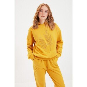 Trendyol Mustard Basic Hooded Embroidered and Raised Knitted Sweatshirt