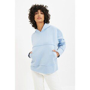 Trendyol Blue Kangaroo Pocket Hooded Oversize Knitted Raised Sweatshirt