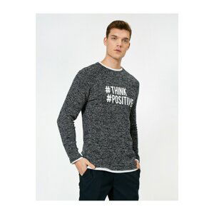 Koton Men's Navy Blue Crew Neck Letter Printed Textured Fabric Slim Fit Sweater