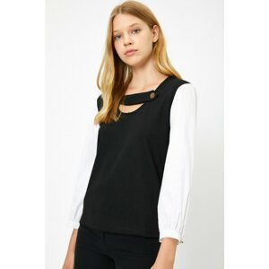 Koton Women's Black Long Sleeve Collar Detailed T-Shirt