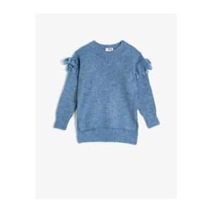 Koton Girl's Crew Neck Long Sleeve Tasseled Knitwear Blue Sweater