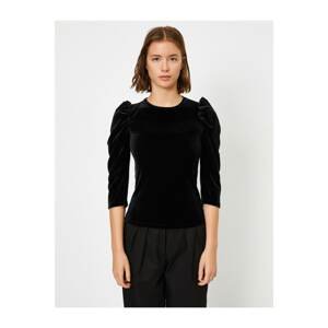 Koton Women's Black Velvet 3/4 Sleeve T-shirt