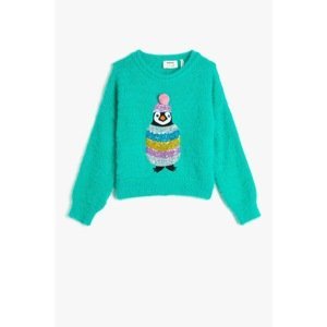 Koton Girl Green Sequin Crew Neck Animal Figured Knitwear Sweater