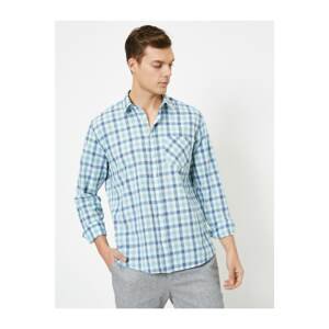 Koton Men's Blue Checkered Pocket Detailed Shirt