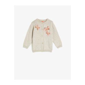 Koton Girl Ecru Cotton Crew Neck Sequin Detailed Knitwear Cardigan