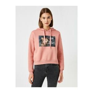 Koton Women's Pink Hoodie Printed Crop Sweatshirt