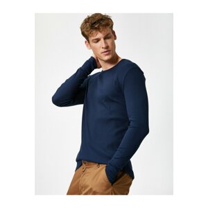 Koton Men's Navy Blue Cotton Crew Neck Long Sleeve T-Shirt