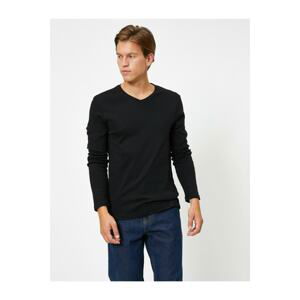 Koton Men's Black V-Neck Long Sleeve Slim Fit Basic T-Shirt