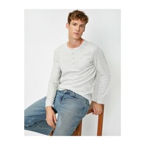 Koton Men's Gray Button Collar Long Sleeve T-Shirt