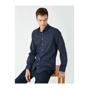 Koton Men's Navy Blue Patterned Cotton Long Sleeve Classic Collar Shirt