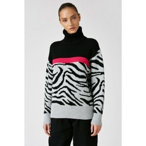 Koton Women's Black Desire Sabanci for Cotton Turtleneck Long Sleeve Animal Printed Sweater