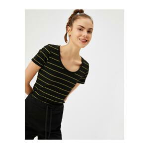 Koton Women's Black Striped Crew Neck T-Shirt