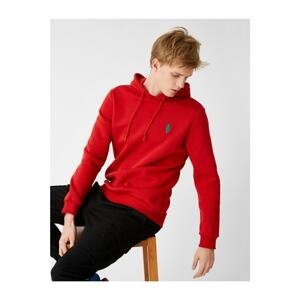 Koton Men's Red Hooded Embroidered Long Sleeve Sweatshirt