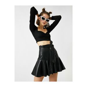 Koton Women's Black Faux Leather Belted Mini Shorts Skirt