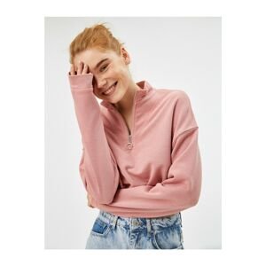 Koton Women's Pink Stand Up Collar Zipper Cotton Sweatshirt